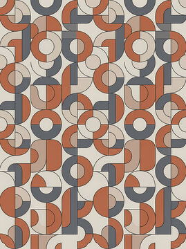 Seamless geometric pattern with abstract circles and semi circles in earthy tones.