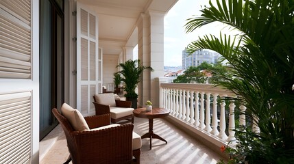 Fototapeta premium A luxurious balcony with wicker chairs potted plants and a view of city buildings under bright daylight