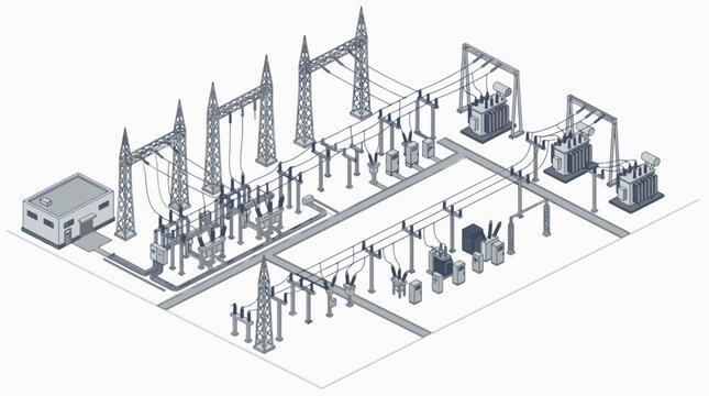 Minimalist Isometric of Electrical Substation with Power Lines Transformers and Control Buildings