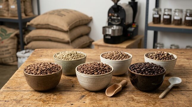 Assortment of roasted and unroasted coffee beans in ceramic bowls on a wooden table. Professional coffee roastery setting with equipment