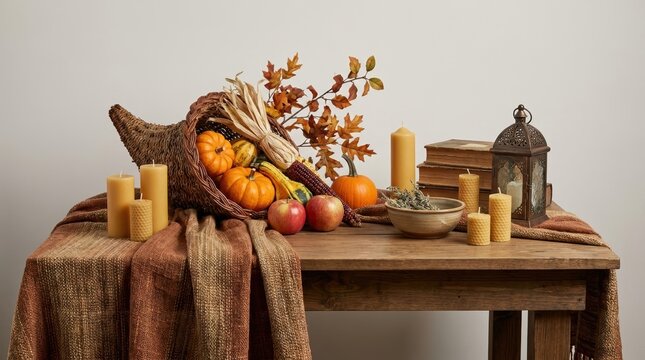 Autumn harvest cornucopia with pumpkins and apples on a rustic wooden table. Thanksgiving still life decoration with beeswax candles and antique books