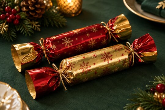 a pair of red and gold christmas crackers on a table