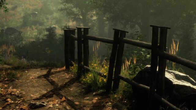 A peaceful forest scene unfolds with a winding path bordered by a charming wooden fence. Sunlight filters through trees, illuminating wildflowers and the earthy ground, creating a tranquil atmosphere.