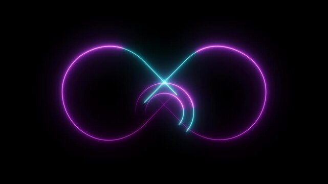 Dual-colored neon infinity symbol with pink and cyan glowing lines on a black background symbolizing connection and infinite possibilities