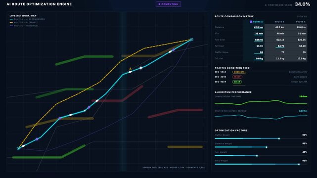 An advanced AI route optimization dashboard displays real-time delivery paths, visualizing traffic conditions and algorithm scores with dynamic animations and dark-mode aesthetics.