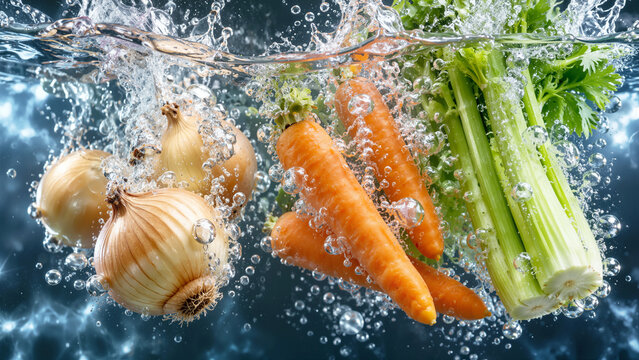 Fresh Carrots, Onions, and Celery Splashing into Clear Water with Air Bubbles, Mirepoix Ingredients for Healthy Cooking   