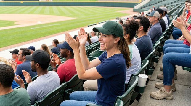Happy female baseball fan cheering and clapping in the stadium stands. Smiling woman in a green cap watching a live sports game with a crowd