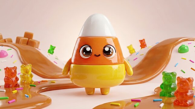 Cute candy corn character in a whimsical sweet candy land with gummy bears