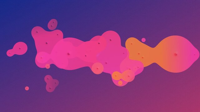 Smooth fluid metaball blobs merge and morph across a blue to magenta halftone gradient in a colorful 2D motion background
