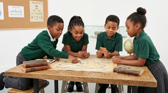 Group of Black school children learning history in a classroom. Diverse kids studying an antique map of Great Britain. Elementary school students holding historical artifacts
