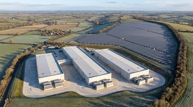 AI Data Center Solar Farm On A Frosty Morning With Three Concrete Data Halls In A Curved Fenced Site And Patchwork Countryside Beyond