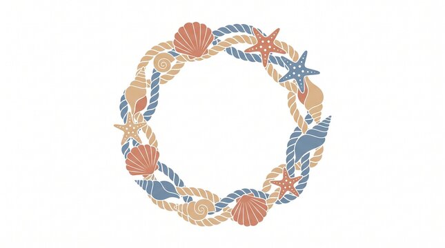 Nautical rope wreath illustration with seashells and starfish, circular maritime frame on white background, coastal blue and coral beach decor elements, flat vector design