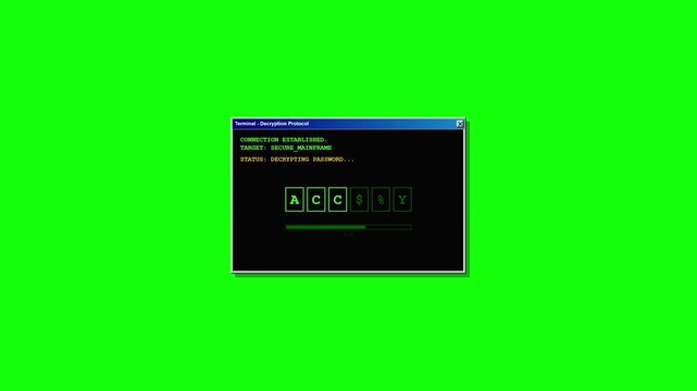 Decryption Protocol on a Terminal Window Showing a Password Cracking to Gain Secure Mainframe Access Displayed on a Green Screen for Cybersecurity Footage