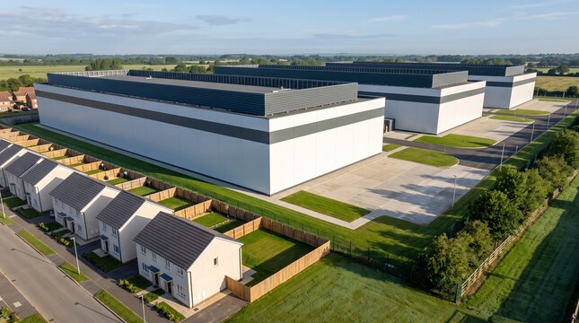 Data Center Campus Behind Houses With New Terrace Gardens At Morning