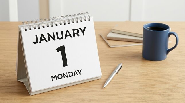 Desk calendar showing January 1st Monday. New year start concept with coffee mug and silver pen on a wooden table