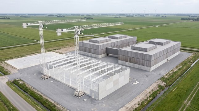 Data Center Campus Construction Cranes In Flat Polder Farmland