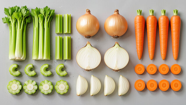 Flat Lay of Mirepoix Ingredients: Fresh Whole and Sliced Carrots, Yellow Onions, and Crisp Celery Stalks Arranged on Grey Background