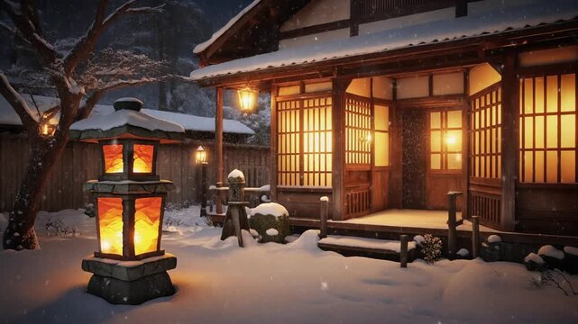 冬の雪降る夜の日本の伝統的な町家の庭先と温かく灯る石灯籠に降り積もる白い雪