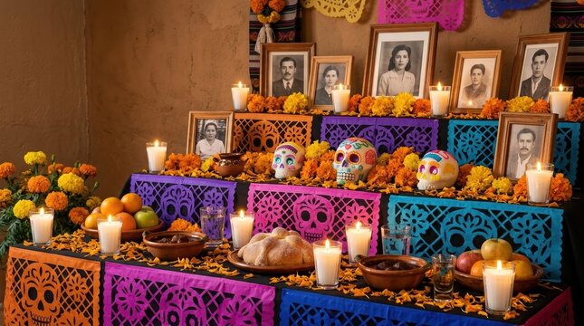 Day of the Dead altar with sugar skulls and marigolds. Traditional Mexican Dia de los Muertos ofrenda with ancestor portraits and burning candles