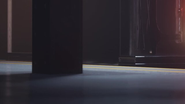 In a quiet corner of an urban space, shadows blend with soft light, revealing a sleek floor near a dark structure. The atmosphere holds a promise of activity to come.