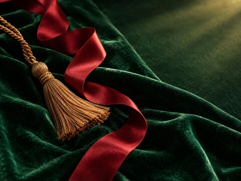 gold tassel and red ribbon on green velvet fabric macro