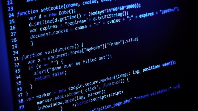 Abstract computer code scrolling on dark screen showing programming functions and web development.