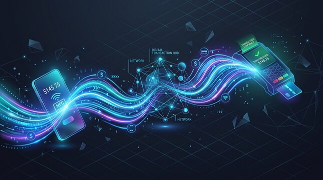 Digital contactless mobile payment processing with glowing blue light streaks connecting smartphone to POS terminal in a futuristic financial network abstract background for global fintech technology