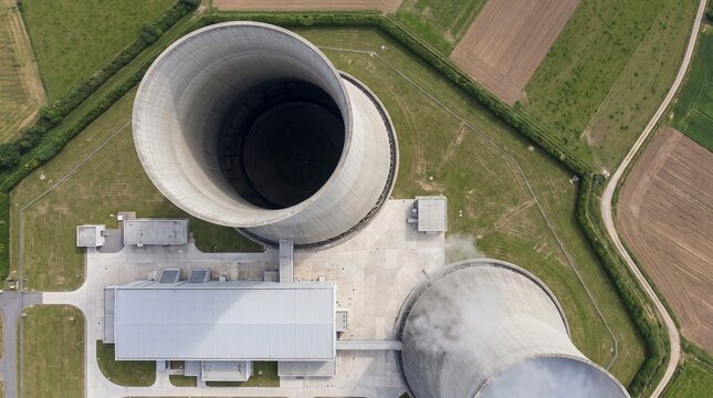Nuclear Cooling Towers Farmland Top Down Aerial With A Steaming Tower Beside A Turbine Hall And Patchwork Fields
