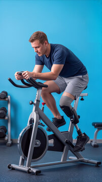 Athlete with prosthetic leg training on stationary bicycle. Young man with physical disability exercising at gym during rehabilitation session.