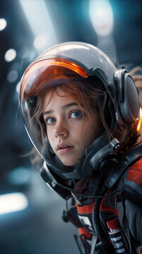Preteen girl astronaut wearing futuristic space helmet. Young explorer participating in interplanetary mission concept.