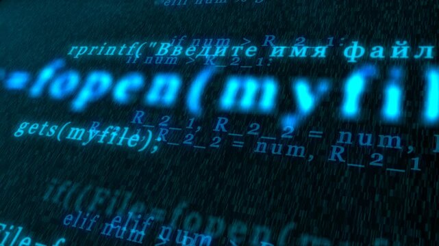 Abstract computer code scrolls down screen glowing blue in digital matrix background seamless loop motion footage.