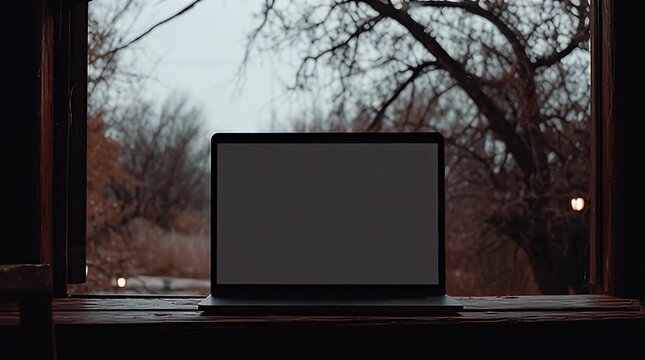 Laptop Computer on Window Sill with Winter Forest View - Cozy Home Workspace Scene in Soft Natural Light - Remote Work Concept