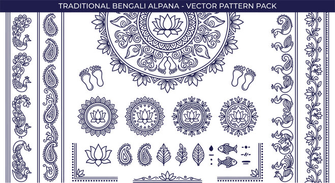 Traditional bengali alpana vector pattern pack with mandalas borders and decorative cultural