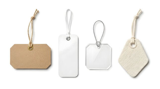 Four different blank price tags with strings isolated on white background