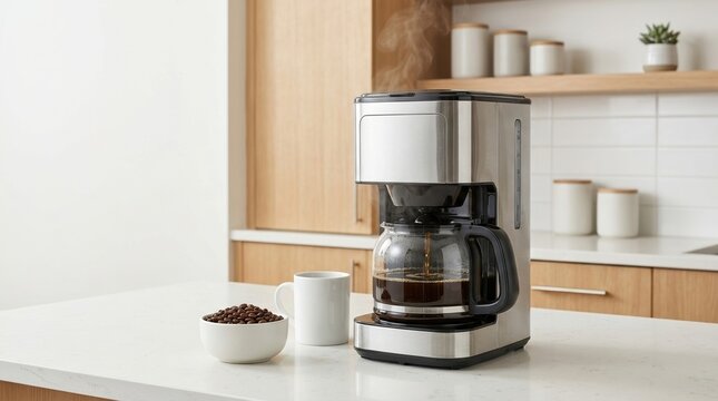 Drip coffee maker brewing fresh coffee into glass carafe. White mug and bowl of coffee beans on kitchen counter. Morning brewing concept
