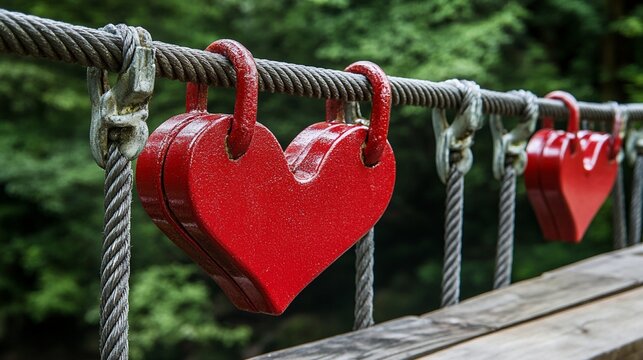 Colorful heart-shaped locks attached to a bridge railing symbolize love and commitment, set against a lush green natural backdrop, evoking romance and connection.