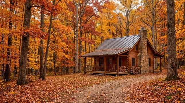 Rustic log cabin in a vibrant autumn forest with colorful foliage. Cozy wooden cottage surrounded by yellow and orange fall trees