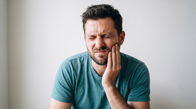 Man with closed eyes holding his jaw, showing pain, symbolizing toothache or discomfort, relatable to health and medical topics.