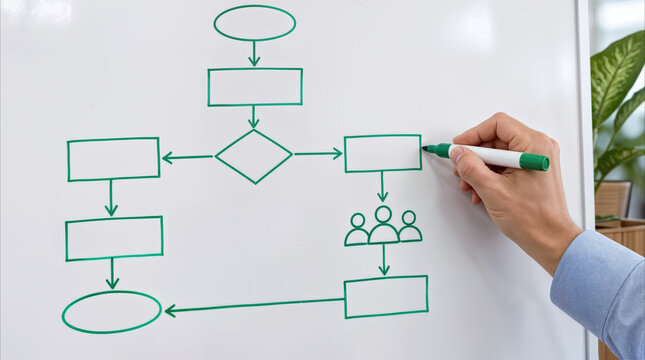 Project manager drawing business process flowchart on whiteboard. Corporate strategy planning and organizational workflow optimization.