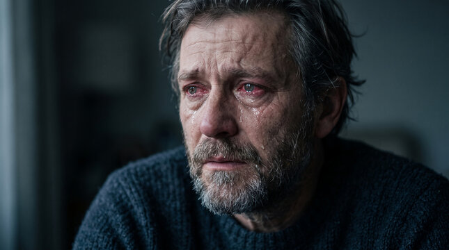 Close-up of a man's face with tears streaming down, red eyes, and a somber expression, symbolizing sadness, grief, and emotional pain.