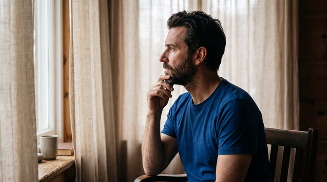 Man in blue t-shirt by window with hand on chin, looking out, symbolizing contemplation, relaxation, and introspection in a domestic setting