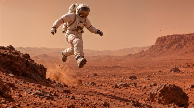 Explorer in white spacesuit making low gravity leaps across red desert planet surface. Concept for interplanetary mission and space exploration on Mars-like landscape.