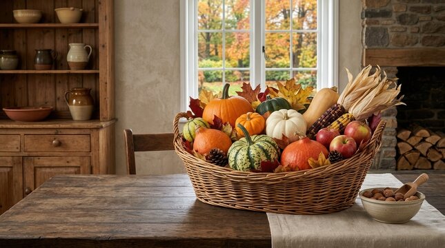 Wicker basket filled with autumn pumpkins and gourds on a rustic wooden table. Fall harvest decoration with squashes and apples by a window