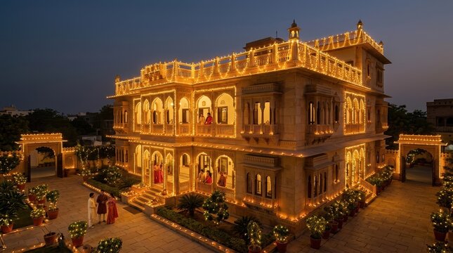 Grand Indian palace illuminated with golden lights for Diwali. Traditional sandstone haveli decorated with string lights and diyas at twilight
