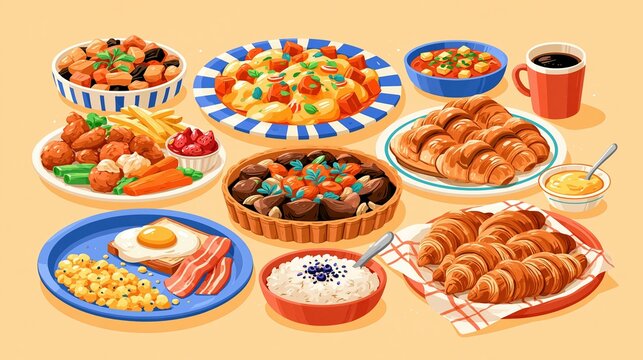 Abundant breakfast spread with croissants, eggs, and coffee