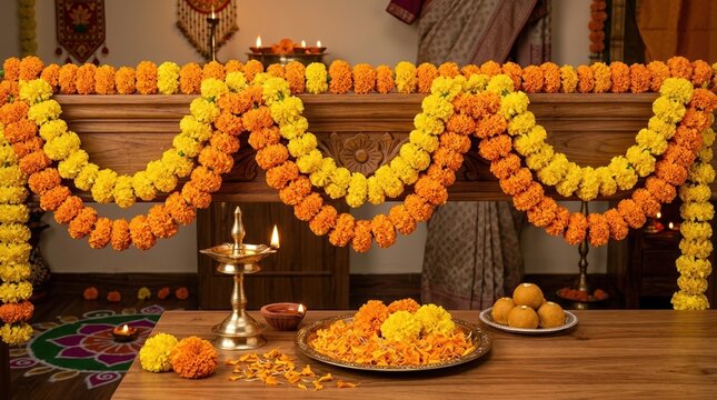 Diwali decoration with marigold flower garlands and brass oil lamp. Traditional festive setup with sweets and clay diya on a wooden table