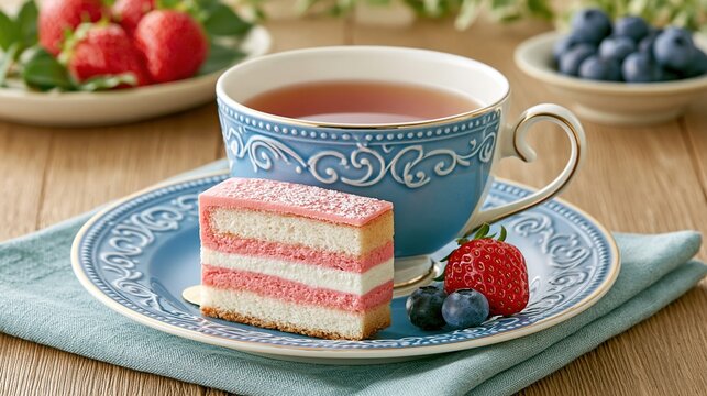 Afternoon tea with strawberry cake and fresh berries