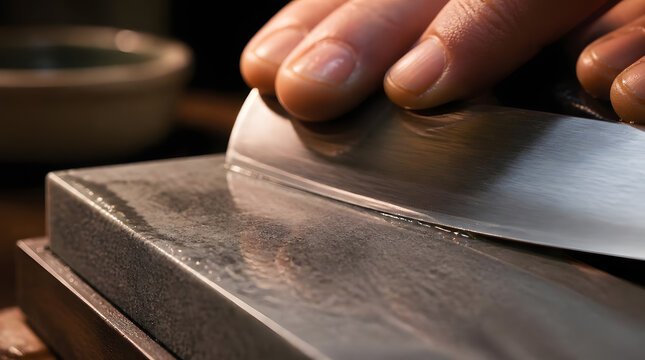 Sharpening Knife Blade on Whetstone with Water for Precision Cutting