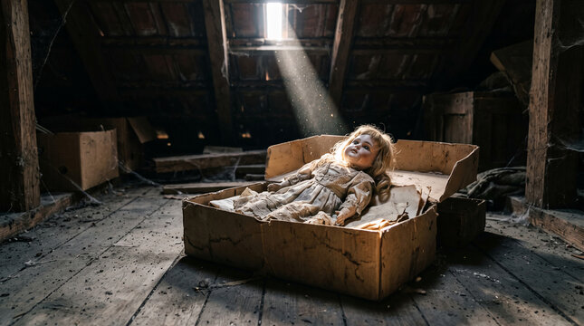 A vintage doll lies in a cardboard box in a dusty attic, bathed in a ray of light, symbolizing abandonment and forgotten childhood.