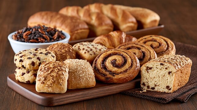 Assortment of Freshly Baked Breads, Pastries, and Cookies on a Wooden Board